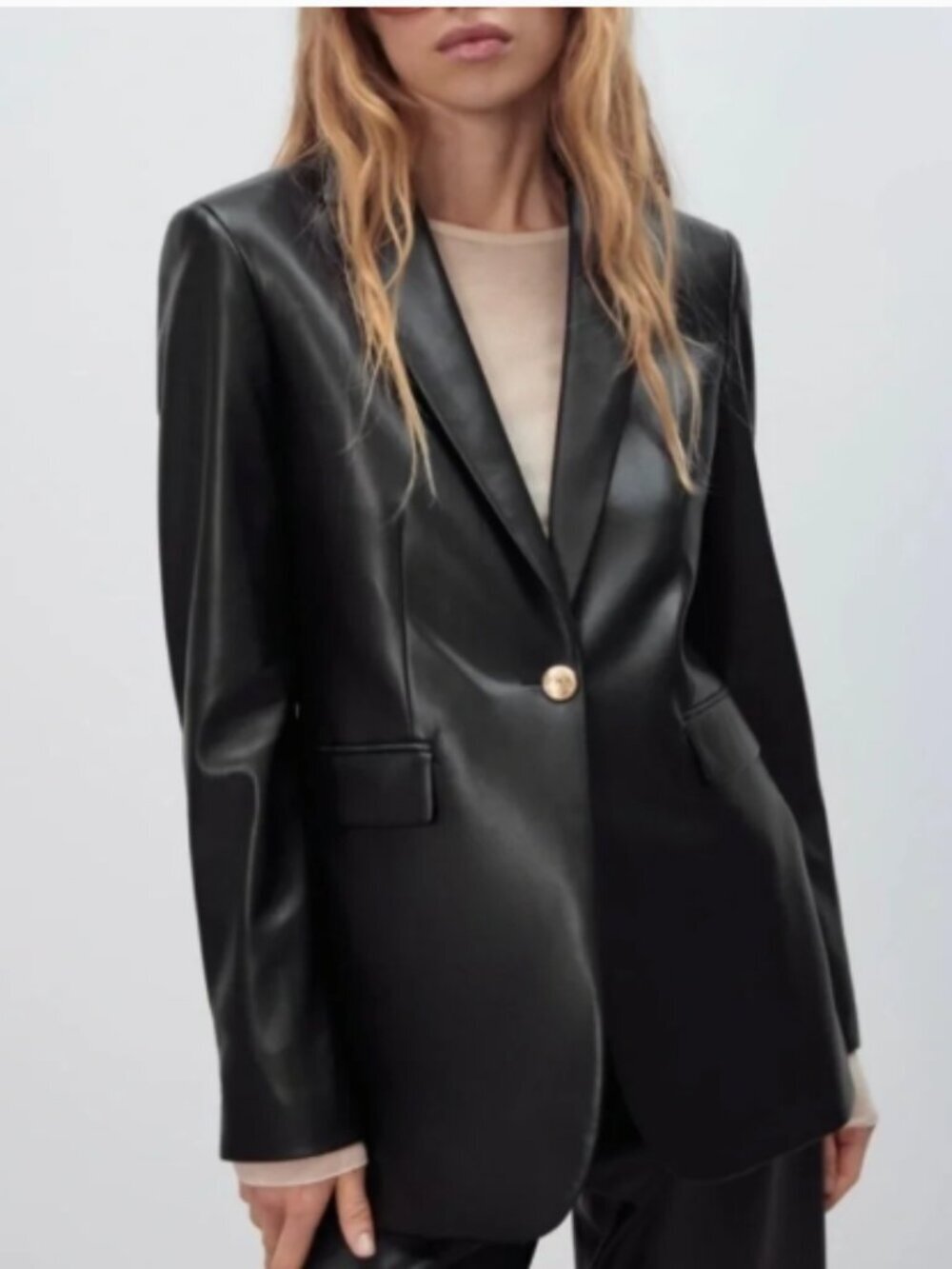 ZARA Black Faux Leather Blazer with Gold Button Detail Size XL